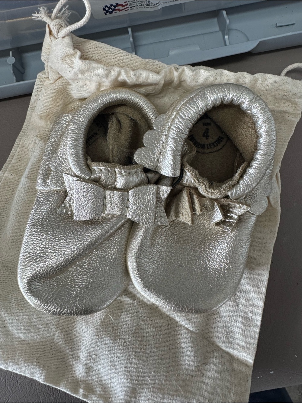 Freshly Picked Metallic Gold Baby Bow Moccasin size 4
